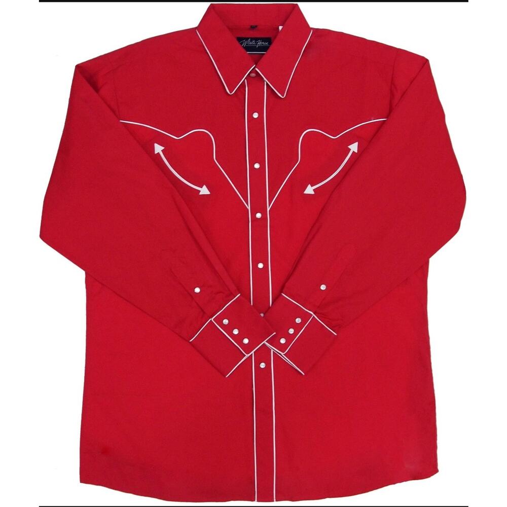 Mens White Horse Red Embroidered Western Long Sleeve Pearl Snap Size Large